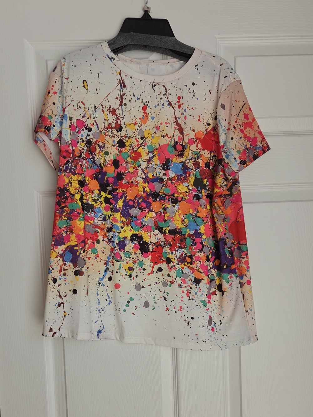SHEIN Multicolor Paint-Splatter Short Sleeve Tee - White Base